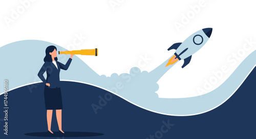 Businesswoman Looking Through Telescope with Rocket Representing Start-Up Success