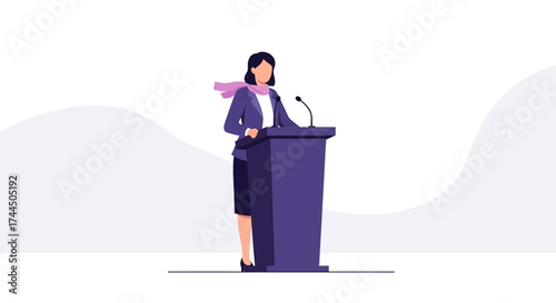 Businesswoman delivers a speech at a podium during a presentation or conference event