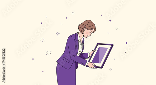 Businesswoman Examining Empty Artwork, Illustration Depicting a Professional Appraisal Process