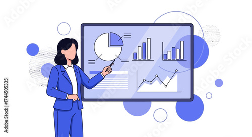 Businesswoman presenting financial data analysis and charts on screen illustration