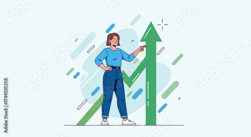 Businesswoman Pointing At Growing Arrow Suggesting Growth Increasing Statistics