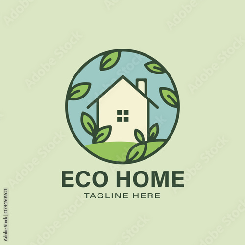 Green eco home logo featuring a house with a leaf inside a circular frame, symbolizing sustainable living, environmental consciousness, and natural housing solutions, ideal for green builders or eco-b