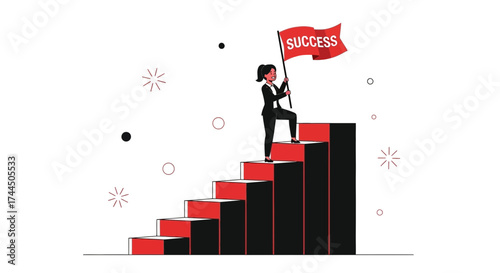 Businesswoman Reaching Success on Stairs and Holding A Flag with Success Word