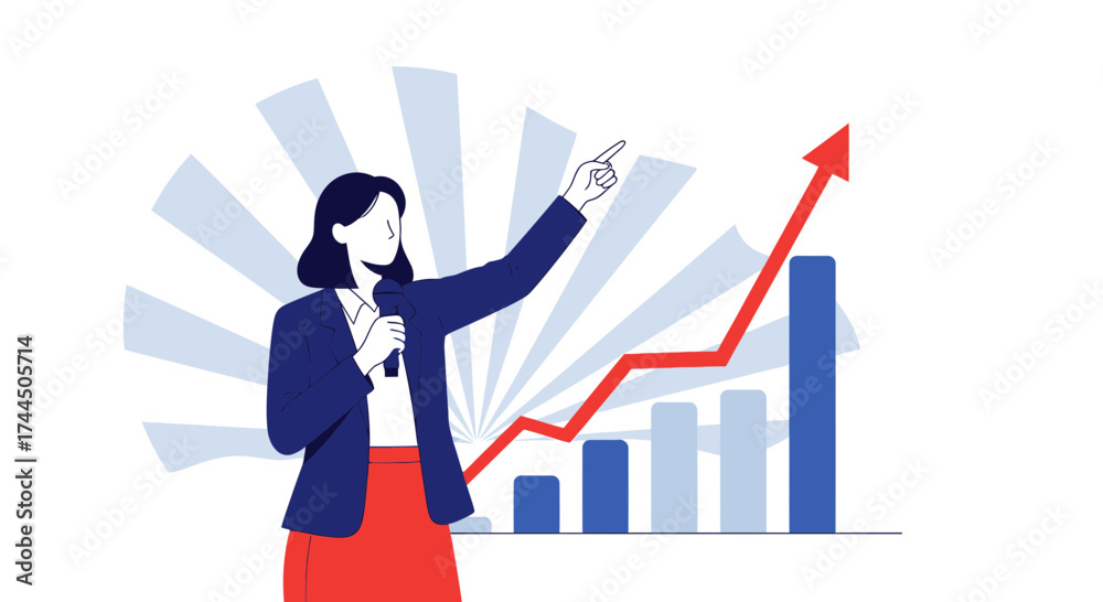 Obraz premium Businesswoman Presenting Growth Statistics and Financial Performance in Dynamic Presentation