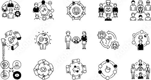 Teamwork, Collaboration  Community Hand-Drawn Icons Set: Social Network, Business Process, Relationships  Innovation Doodle Vector Illustrations