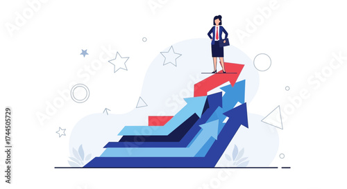 Businesswoman Standing At The Top Of Arrows, Reaching Success And Achieving Goals