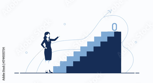 Businesswoman Standing Near Staircase with Zero on Top, Directional Growth and Progress Concept