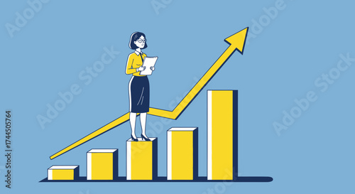 Businesswoman standing on a bar chart showing growth and success, looking forward