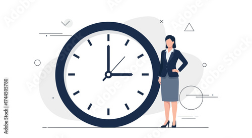 Businesswoman standing next to a large clock representing time management and deadline