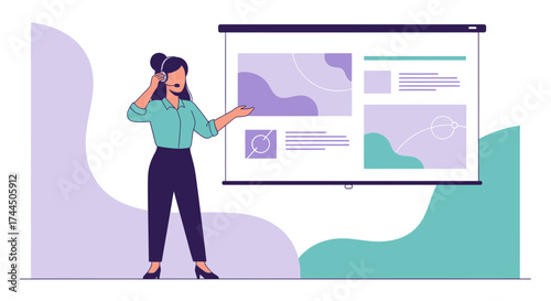 Businesswoman presenting a project on a screen during a conference call or webinar