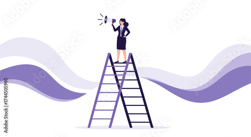 Businesswoman with a megaphone on a ladder, leadership and success concept