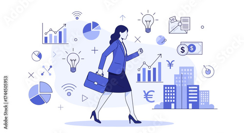 Businesswoman with briefcase walking in front of financial and business related icons