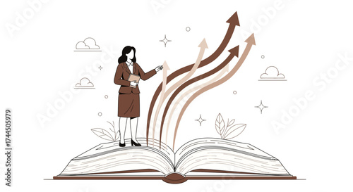 Businesswoman Presenting Rising Arrows From Book Representing Success Or Growth Achievement