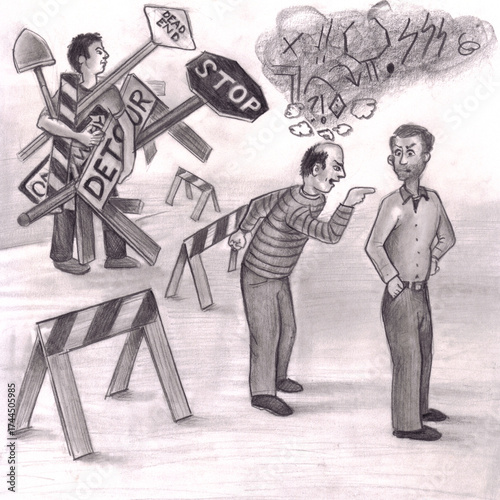 Bild auf Leinwand One Man Angry Pointing a Finger at Another Man Standing Not Responding