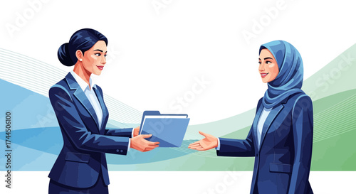 Businesswomen exchanging files in a professional setting, two diverse people working together