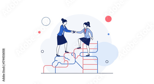 Businesswomen helping each other climb a ladder supporting and working together in the workplace