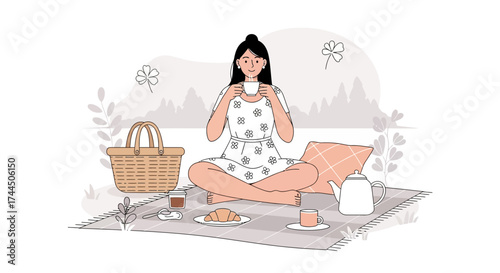 Calm Afternoon Picnic Scene with Tea, Simple Pleasures, and Serene Relaxation