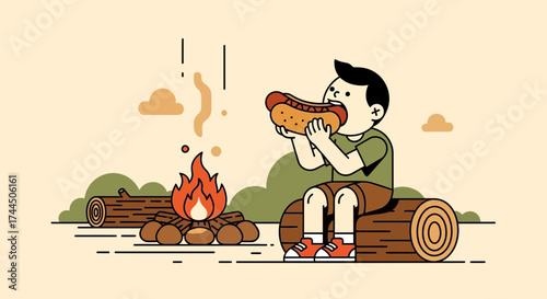 Campfire Feast: Boy Savoring Hot Dog by Flames and Logs, Camping Scene