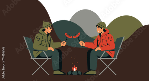 Campfire Gathering: Friends Enjoying Roasted Sausages and Outdoor Bonding Activities