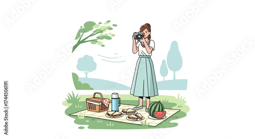 Capturing Leisure: A Woman Photographs Her Picnic Amidst the Natural Beauty