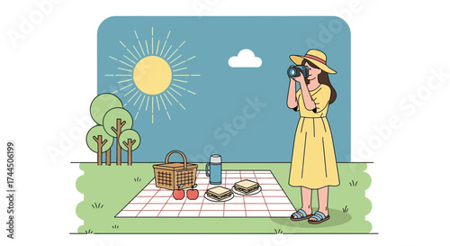 Capturing Memories: A Woman Photographs a Peaceful Picnic on a Sunny Day
