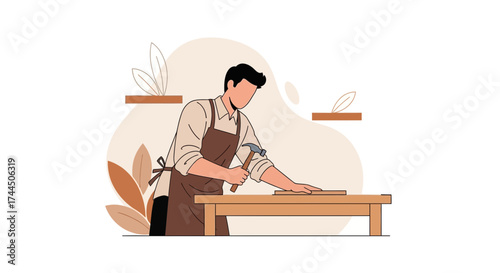 Carpenter Building Furniture with Hammer and Woodworking Table in Minimalist Style
