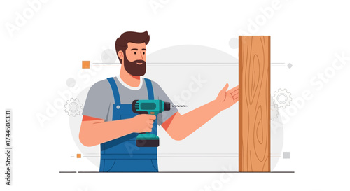 Carpenter Drilling Construction of Wooden Board for Home Improvement and DIY Projects