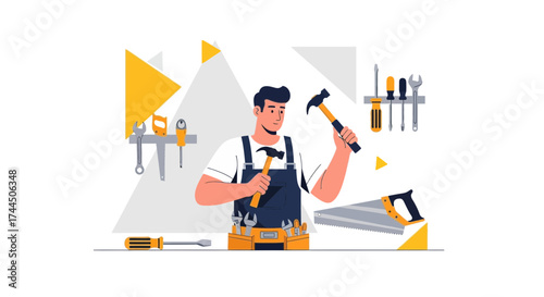 Carpenter Holding Tools, Vector Illustration Depicting Craftsmanship and Renovation