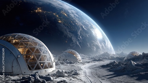 Conceptual image of a moon colony with earth in the background