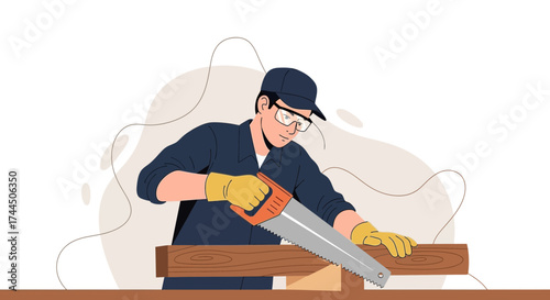 Carpenter using a handsaw to cut wood working in a workshop as a profession