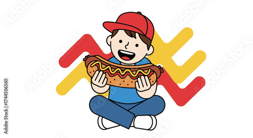 Cartoon boy happily holding a large hot dog ready to eat it with a smile