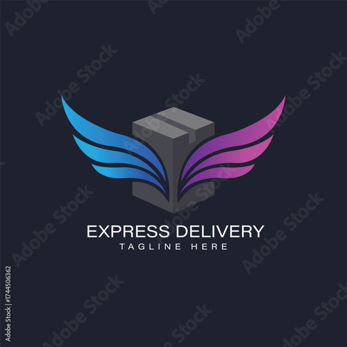 Dynamic express delivery logo featuring a stylized winged box, symbolizing fast shipping, logistics, courier services, and swift transport, ideal for e-commerce or delivery companies.
