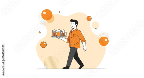 Cartoon depiction of a waiter walking and carrying beer mugs on a tray in a pub