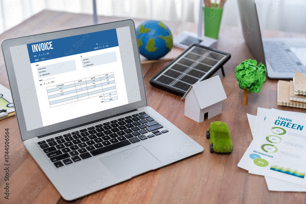 Fototapeta premium Invoice on computer screen from accounting application. Computer program for financial and budget of corporate business. brisk.