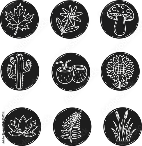Collection of hand drawn botanical and nature icons on black circles.