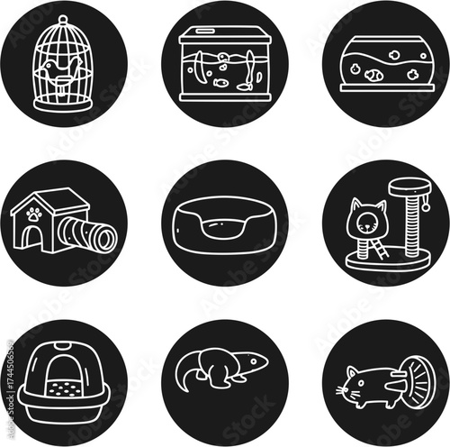 Collection of Pet Icons Representing Various Animals and Their Habitats.