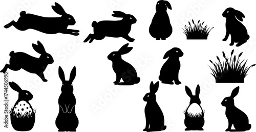 Collection of Black Rabbit and Bunny Silhouettes with Easter Eggs and Grass Elements  Vector Graphic Design Set