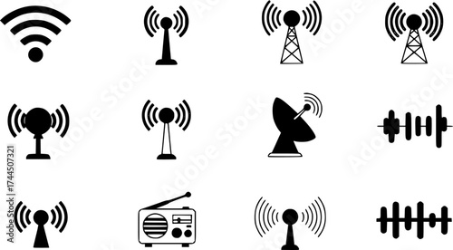 Communication Icons Set: Wireless, Radio, Signal, and Frequency Waves - Vector Illustration