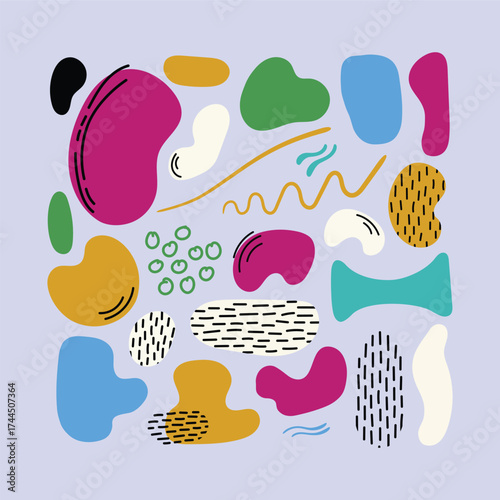 Abstract doodle shapes vector background, colorful blobs set, brush strokes vector