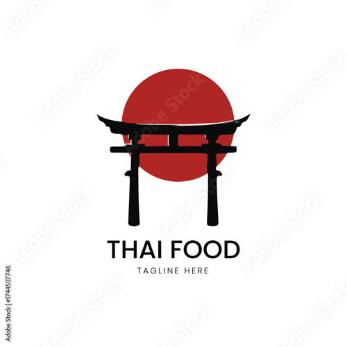 Traditional red Japanese torii gate set against a red sun, symbolizing Asian cuisine, culture, and hospitality, perfect for Thai restaurants, Japanese eateries, or oriental food brands.
