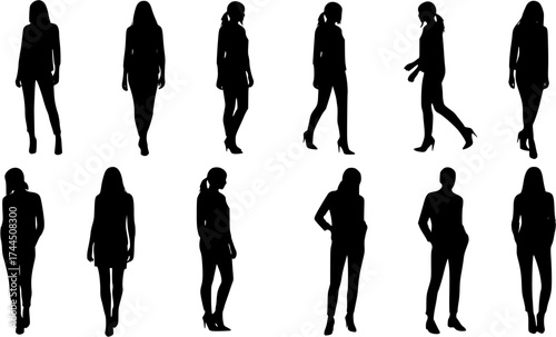 Female Silhouettes Vector Collection. Diverse women in various fashion poses including standing and walking. Black figures isolated on white background, ideal for design.