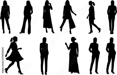 Stylish Women Silhouettes Collection: Diverse Female Figures in Various Poses and Fashion Outfits, Full-Body Vector Illustrations