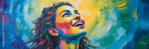 Expressive artwork depicting a woman gazing upward with happiness and joy, surrounded by vibrant rainbow-colored swirls creating an uplifting mood.