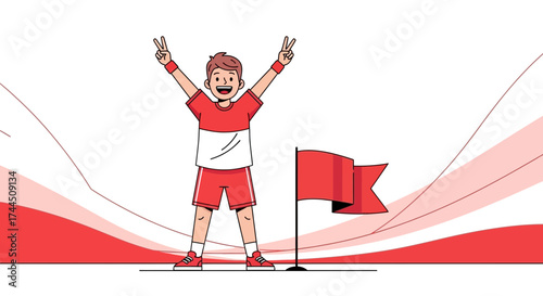 Celebrating Success: Athlete Reaching Victory Beside a Flag, Symbolic Of Achievement