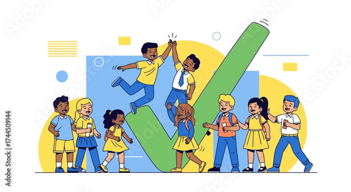 Celebrating Success: Cheerful Children High-Fiving Near a Giant Green Check Symbol