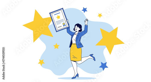 Celebrating Success: Businesswoman Holding Certificate with Stars and a Joyful Pose