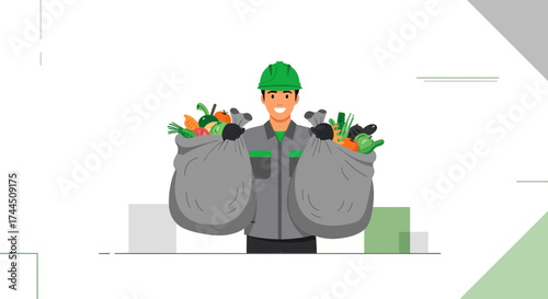 Cartoon illustration of a man carrying full bags of organic waste vegetables