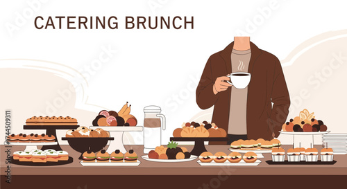 Catering Brunch Buffet with Gourmet Food and Relaxed Individual with Coffee Cup