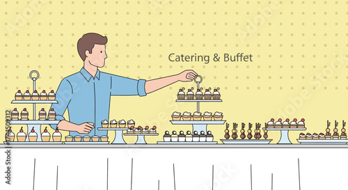 Catering Buffet Service: A Professional Presenting Delicious Desserts Arrangement