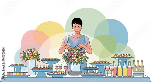 Catering Buffet Presentation With Floral Arrangement And Diverse Food For Social Event